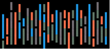 Vertical rectangular bars in blue, orange, gray, and green arranged in an abstract pattern on black background.