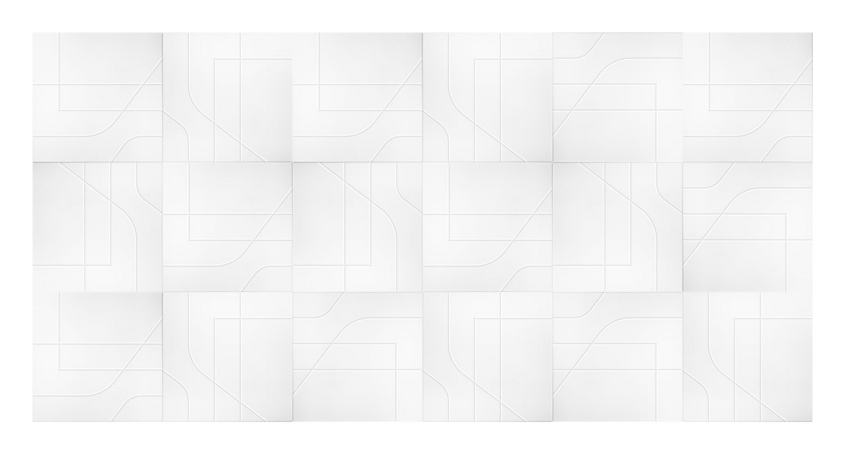 Abstract geometric pattern with white rectangular shapes and curved lines on light gray background.
