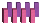 Three-dimensional geometric composition with pink and purple rectangular blocks arranged in alternating pattern.