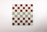 Wall-mounted checkers board with red and black pieces arranged in starting position on alternating squares.