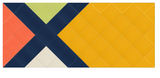 Abstract geometric design with intersecting diagonal bands in coral, navy, lime green, gold, and cream with quilted texture.
