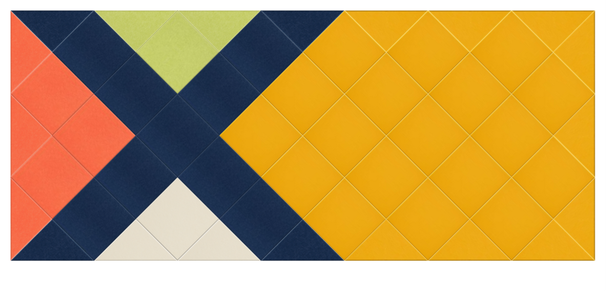 Abstract geometric design with intersecting diagonal bands in coral, navy, lime green, gold, and cream with quilted texture.