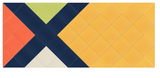 Abstract geometric design with intersecting navy, coral, yellow, and cream colored sections in angular pattern.