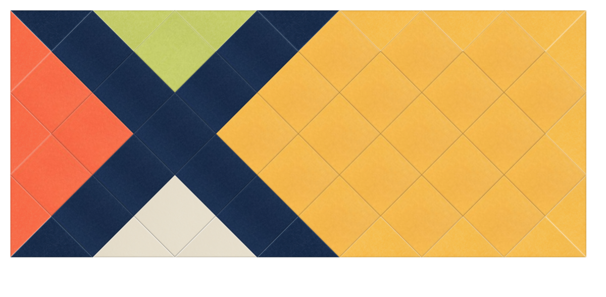 Abstract geometric design with intersecting navy, coral, yellow, and cream colored sections in angular pattern.