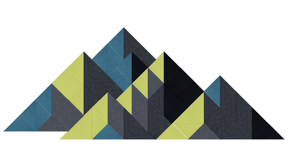 Geometric mountain design composed of overlapping triangles in teal, charcoal, black, and lime green.