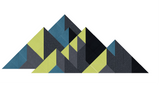 Geometric mountain design composed of overlapping triangles in teal, charcoal, black, and lime green.