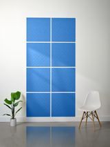 Eight blue tiles with diagonal engraved chevron pattern arranged in a 2x4 grid with white grout lines.