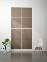 Eight taupe tiles arranged in a 2x4 grid, each with diagonal herringbone engraved pattern.