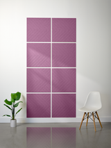 Eight purple tiles with diagonal engraved herringbone pattern arranged in a 2x4 grid on white wall.