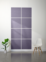Eight purple tiles with diagonal chevron engraved pattern arranged in a 2x4 grid on wall.