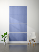 Eight blue tiles arranged in a 2x4 grid with vertical line engravings and white grout lines between them.