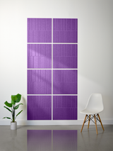 Purple 2x2 tiles with engraved linear pattern arranged in offset layout on wall.