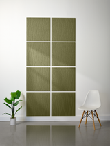 Eight square tiles in olive green with engraved wavy vertical line pattern arranged in a grid installation.