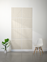 Eight cream-colored square tiles with engraved geometric line patterns arranged in a 2x4 grid wall display.