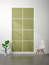 Eight sage green subway tiles arranged in a 2x4 grid with engraved geometric line patterns.