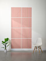 Eight rose pink subway tiles with engraved line patterns arranged in a 2x4 grid display.
