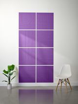 Purple subway tiles with engraved geometric line patterns arranged in a 2x5 grid layout on a wall.
