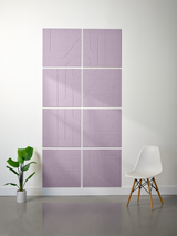 Purple subway tiles arranged in a 2x2 grid pattern with engraved curved line designs mounted on a white wall.