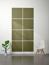 Eight olive green square tiles with engraved curved and linear subway map-style lines arranged in a 2x4 grid pattern on a whi