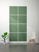 Green subway tile grid with engraved curved and linear line patterns arranged in a 2x4 composition.