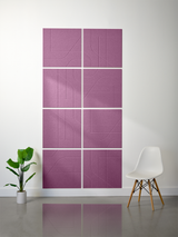 Mauve subway tiles arranged in a 2x4 grid with engraved linear patterns, displayed on a white wall.
