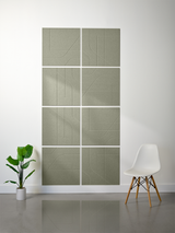 Sage green subway tiles arranged in 2x2 grid with engraved line pattern designs.
