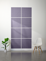 Purple subway tiles in 2'x2' grid arrangement with engraved geometric line patterns throughout.