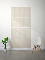 Four-tile grid with engraved geometric patterns featuring vertical lines and curved arc designs on beige ceramic tiles.