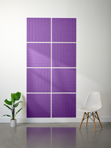 Purple tile with engraved vertical lines and curved tangent arc patterns arranged in a 2x4 grid display.