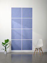 Eight blue square tiles arranged in a grid with engraved topographic line patterns and white grout lines.