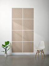 Beige ceramic tiles with engraved geometric arch patterns and vertical lines arranged in a 2x4 grid display.