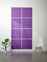 Set of eight purple tiles with engraved geometric arch and line patterns arranged in a 2x4 grid on white wall.