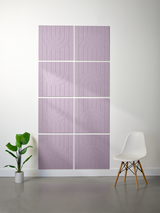 Eight lavender tiles with vertical lines and engraved arch patterns arranged in a 2x4 grid on wall.