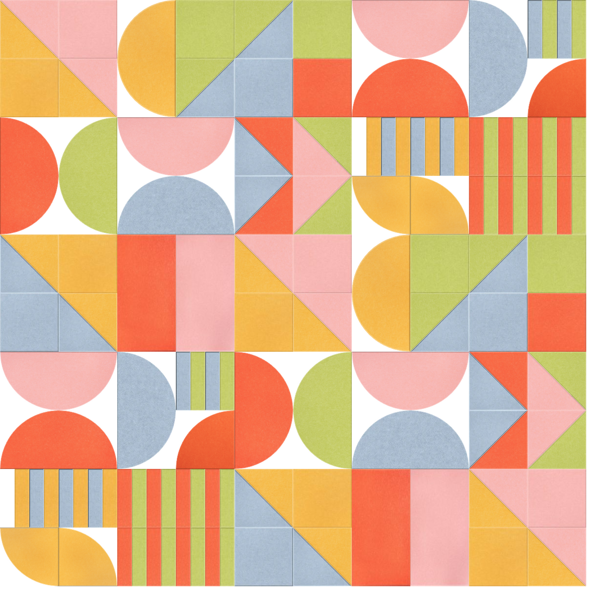 Abstract geometric pattern with circles, triangles, and stripes in pink, orange, yellow, blue, and green on white background.