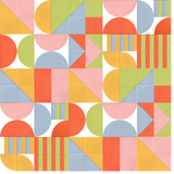 Abstract geometric pattern with circles, triangles, and stripes in pink, orange, yellow, blue, and green on white background.