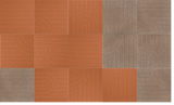 Tiled surface with geometric line patterns in terracotta and gray, featuring curved and straight linear designs in a symmetri