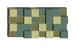 Three-dimensional geometric pattern with interlocking cubes in cream, sage green, and olive tones.