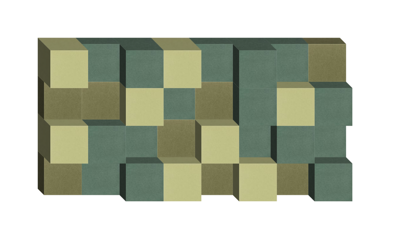 Three-dimensional geometric pattern with interlocking cubes in cream, sage green, and olive tones.