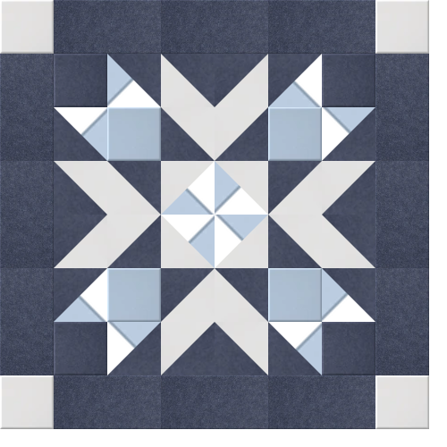 Geometric quilt pattern with navy, white, and light blue triangles and squares arranged in symmetrical star design.