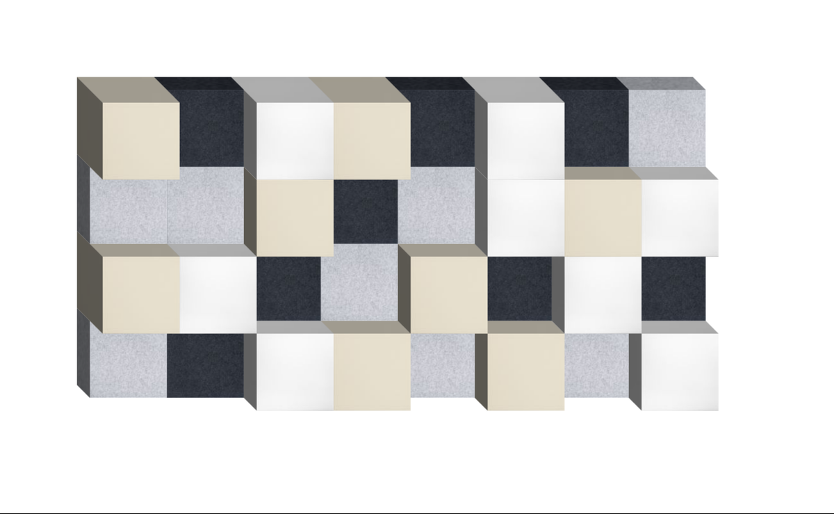 Three-dimensional geometric wall design with interlocking cream, black, white, and gray textured blocks in a checkered patter