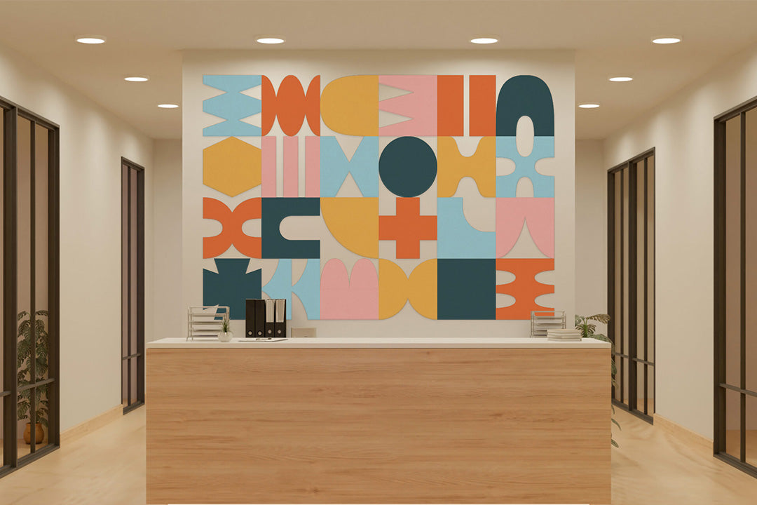 Modern office interior with a colorful abstract wall art piece.