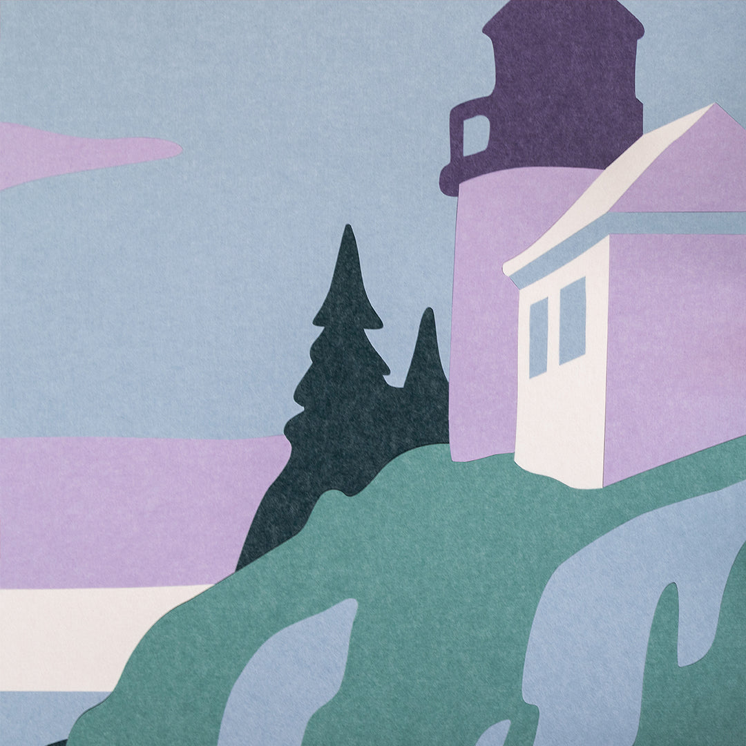 Acoustic felt art of a lighthouse scene in green and purple.