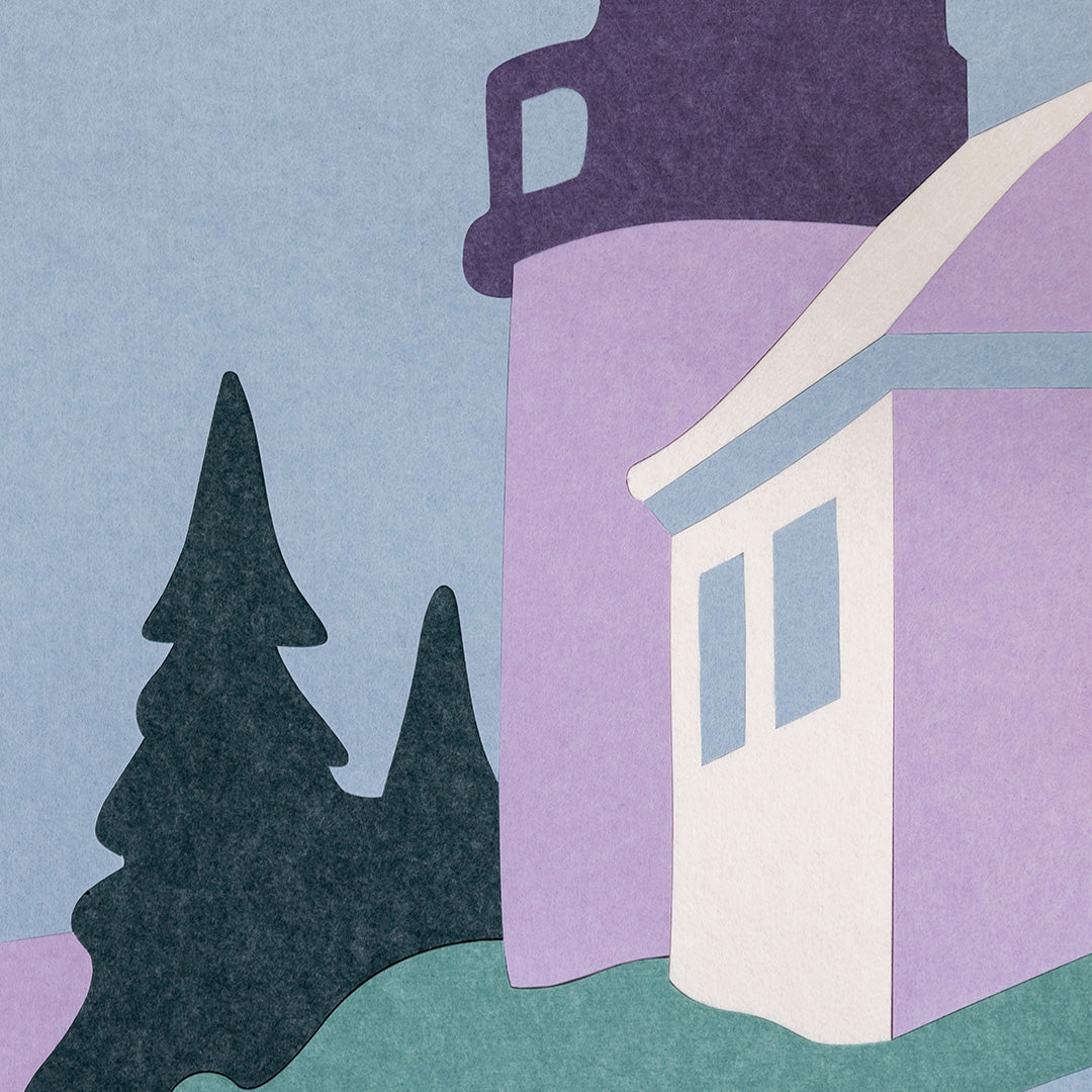 Acoustic felt art of a lighthouse scene in green and purple.