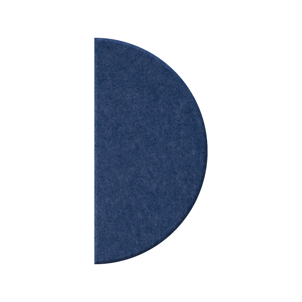 A navy blue felt or fabric semicircle-shaped piece, isolated on a solid white background.