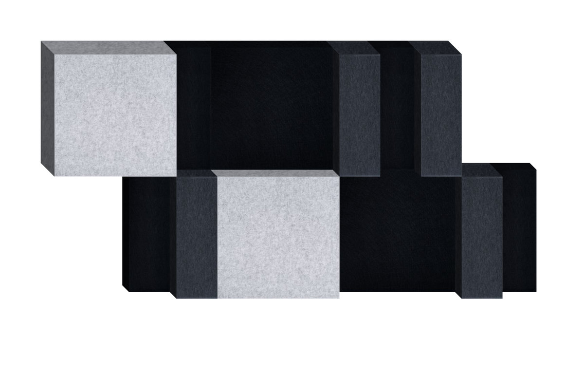 Three-dimensional geometric blocks in black, gray, and light gray arranged in staggered horizontal rows.