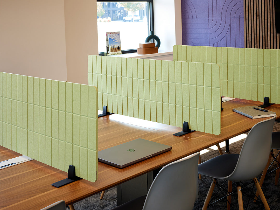 Workstations with green felt acoustic dividers in an office setting