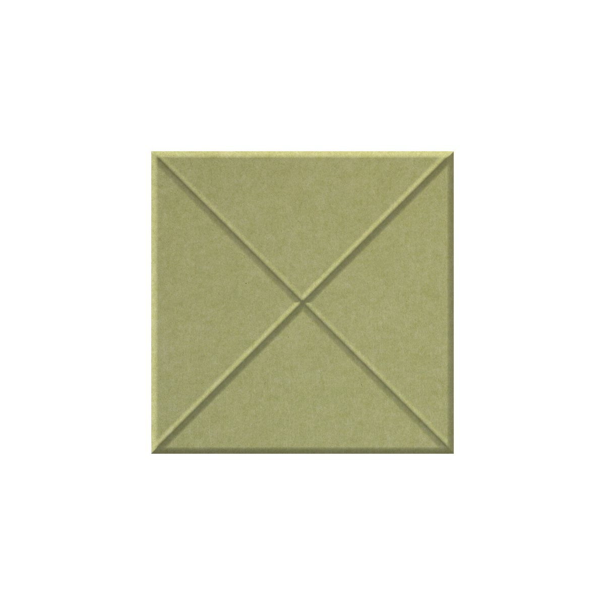 A square olive green textured tile or panel with a stitched geometric pattern of intersecting diagonals, shown on a plain white background.