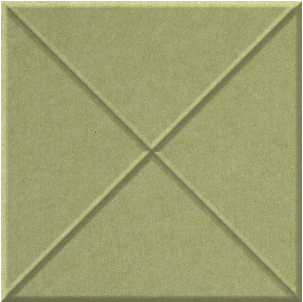 Sage green square tile with raised cross pattern dividing surface into four triangular sections.