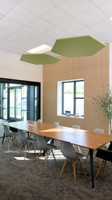 Two green hexagon-shaped acoustic baffles suspended from ceiling in modern office conference room.