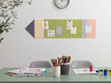 Colorful bulletin board with notes above a table with art supplies
